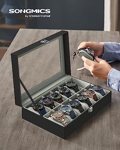 SONGMICS Watch Box, 12-Slot Watch Case Organizer with Large Glass Lid, Removable Pillows, Gift for Loved Ones, Black Synthetic Leather, Gray Lining UJWB12BK - Image 2