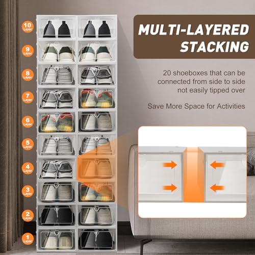 20 Pack Shoe Organizer Storage Boxes, Clear Plastic Shoe Storage Modular Space Saving Shoe Boxes Clear Plastic Stackable Shoe Storage Box with Lids Shoe Box Storage (Love) - Image 2