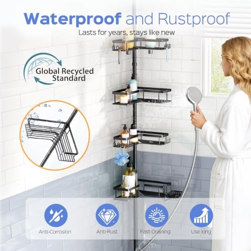 HAMITOR Shower Caddy Tension Pole 4-Tier Corner Storage Bathroom Essentials - Image 3