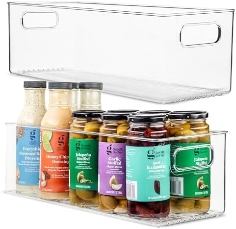 Plastic Food Storage 2 Pack Clear Container Bin with Handles for Organizing Kitchen, Pantry, Fridge, Freezer, Pantry, Bathroom. 14"x6"5" by primebox