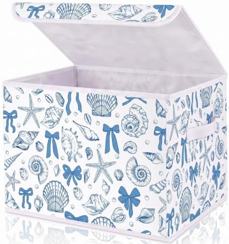 Briwooody Beach Storage Bin with Lid and Carrying Handle Coastal Blue Bow Seashell Foldable Storage Box Summer Bachelorette Party Decorative Collapsible Container Basket for Closet Home Bedroom Gift by Briwooody