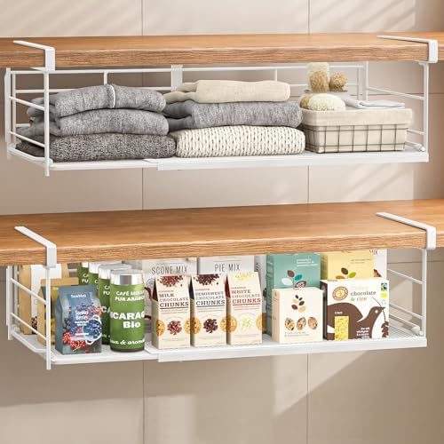 Expandable Under Cabinet Shelf, Extendable Under Shelf Storage with Removable Wire-Like Back for Pantry Cabinet, Laundry Room, Shoe Rack. (White, 2 Pack, Interior: 5" H x 10" D) by SHINEWON