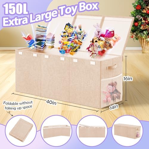 Large Toy Storage Box with Lid, Dividers, Collapsible Kids Toy Chest, Beige - Image 2