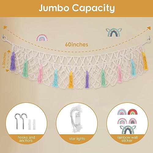Stuffed Animal Net or Hammock, Large Stuffed Animal Storage Macrame Toy Hammock Hanging Corner Net for Stuffed Animals, Plushie Net Hammock with Star Lights for Boho Kids Room Nursery Playroom Decor - Image 4