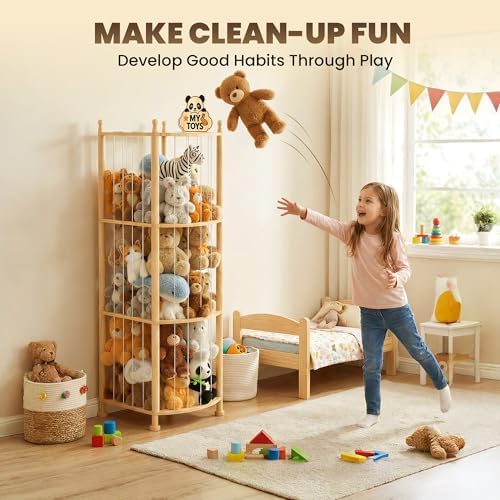 Stuffed Animal Storage Organizer, Wooden Toy Storage Organizer & Plush Storage Tower with Elastic Cords, Stuffed Animal Zoo for Kids Bedroom, Playroom & Nursery, Solid Pine, 15.7 x 15.7 x 53.5 In - Image 2