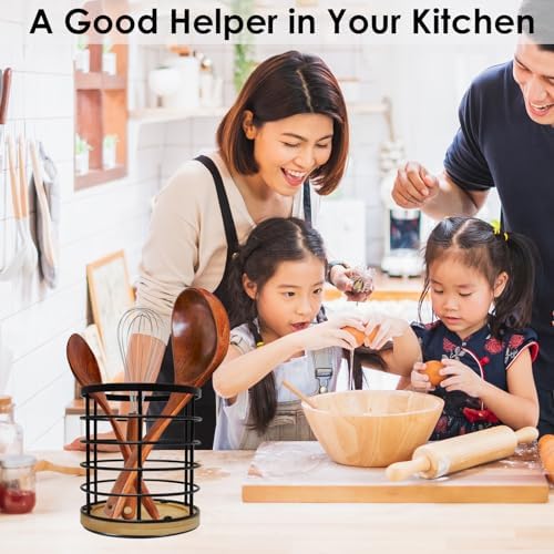 Black Kitchen Utensil Holder for Countertop, 360° Rotating Cooking Utensils Holder Caddy for Kitchen Counter-top, 5.2" x 6" Large Cylinder Spatula Holder Crock for Farmhouse Décor - Image 5