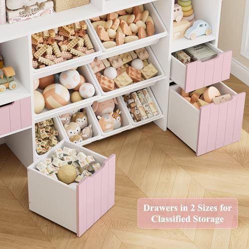HORSTORS 55" W Toy Storage Organizer, Large Kids Bookshelf, Toy Box, Pink - Image 5