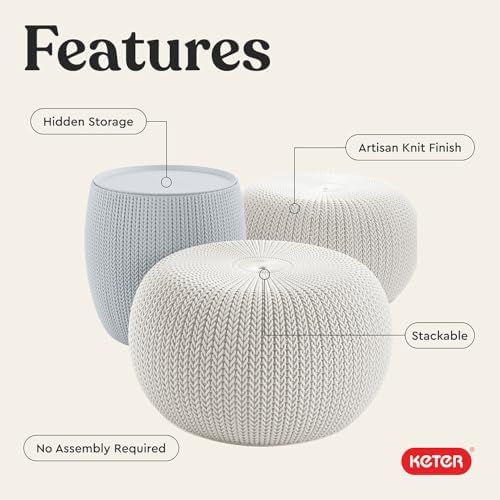 Keter Urban Knit Pouf Ottoman Set of 2 with Storage Table for Patio and Room Décor - Perfect for Balcony, Deck, and Outdoor Seating, Grey & White - Image 5