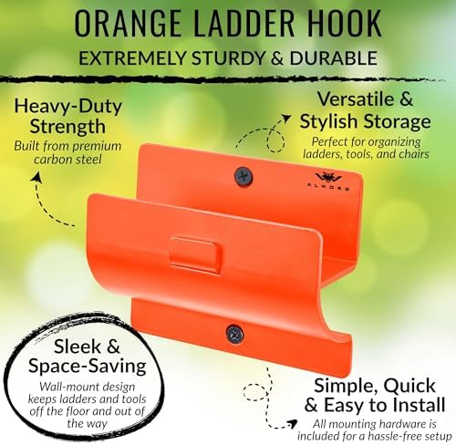 Orange Garage Storage Hooks - Heavy Duty Ladder Wall Mount, Wheelbarrow Hanger, Tool Holder, Hanging Brackets for Ladders, Folding Chairs (Pack of 2) - Image 2