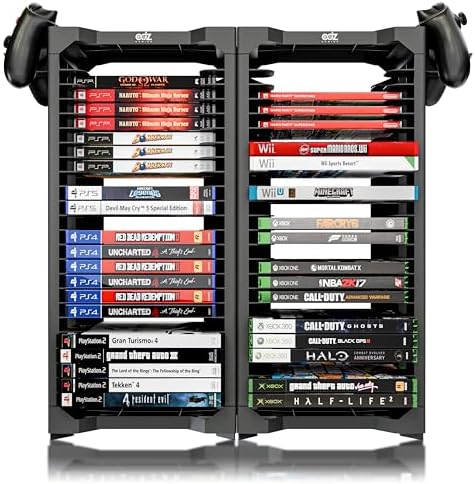 ADZ Universal Game Holder – 46 Game Storage Tower Rack for PS2 PS3 PS4 PS5 PSP Xbox 360 Xbox One Series X Wii Switch Games DVD and Blu-Ray Disks. Includes 2 Controller Mounts (Black) - Image 3