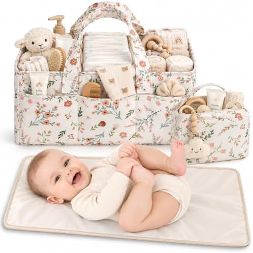 PeraBella Baby Diaper Caddy Organizer 3 Pcs Set, Floral Baby Basket Shower Gift, Nursery Organizer Basket for Newborn Boy Girl Essential Items, Changing Table Organizer Caddy for Baby Stuff, Car Caddy by PeraBella