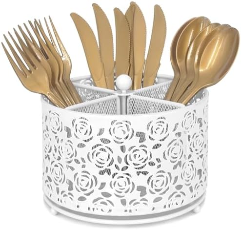 DysanVica Rotating Metal Silverware Caddy - Utensil Holder Countertop White by DysanVica
