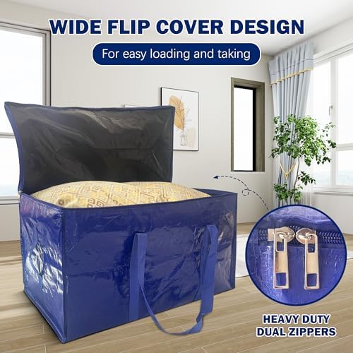4 Pack Extra Heavy Duty Large Moving Bags with Strong Zipper & Carrying Handles, Sturdy Clothes Storage Bags Totes Bins, Packing Moving Boxes College Supplies, Dark Blue - 24 gal - Image 3