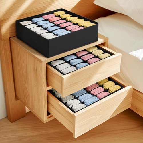 joyoldelf Sock Drawer Organizer Divider 2 Packs Underwear Organizer, 24 Cell Collapsible Closet Cabinet Organizer Underwear Storage Boxes for Storing Socks, Handkerchiefs, Ties, Belts (Black) - Image 4
