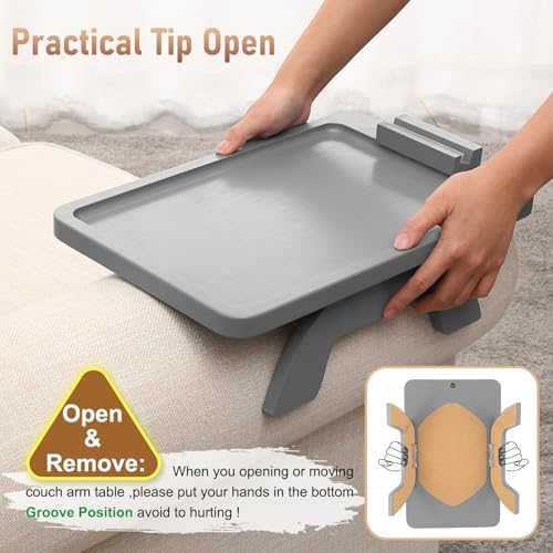 SINWANT Couch Armrest Table with 360° Rotated Phone Holder,Gray Bamboo - Image 4
