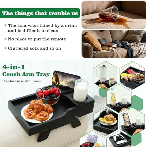 GHKINMAL Couch Cup Holder Tray, 15.4"x9.9" Large 4 in 1 Couch Arm Tray with 360°Rotated Phone Holder, Non-Slip Clip on Side Table for Drinks/Remote/Snacks, Ideal Gift for Husband, Wife, Parents - Image 2
