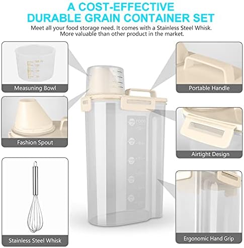 Uppetly Rice Airtight Dry Food Storage Containers, BPA Free Plastic Storage Bin Dispenser with Pourable Spout, Measuring cup for Cereal, Flour and Baking Supplies, Include a Stainless Steel Whisk - Image 3