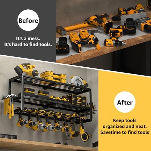YYR Heavy Duty Power Tool Organizer Wall Mount, Cordless Drill Hanger Storage Rack, Battery Tools Holder with Charging Station Shelf for Garage Organization, Workshop, Pegboard, Shed - 32 Inch 8 Slots - Image 4