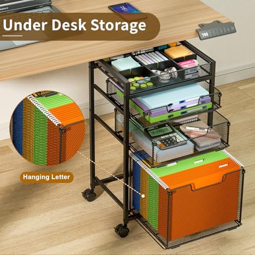 Rolling File Cart with 3 Storage Drawers, Under Desk Filing Cabinet with DIY Divider, Hanging File Folder Organizer on Wheels, Fits A4/Letter Size, Metal Utility Cart for Home Office, Black - Image 2