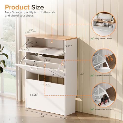 VINGLI Shoe Cabinet Storage for Entryway,White Small Narrow Shoe Rack,25" W - Image 2
