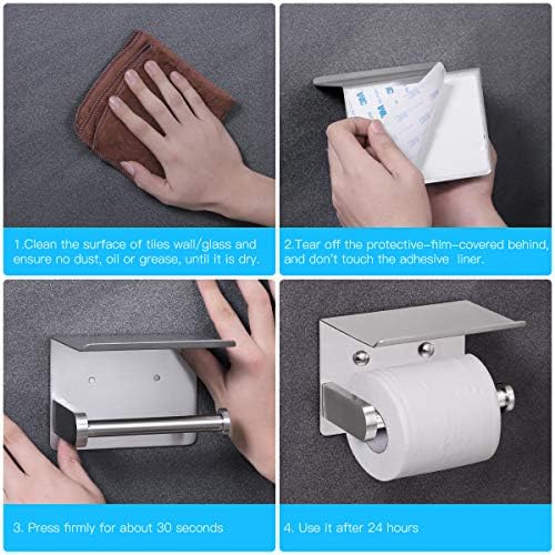 VAEHOLD Self Adhesive Toilet Paper Holder with Phone Shelf Stainless Steel Wall Mounted Toilet Paper Roll Holder - Rustproof and Bathroom Washroom Tissue Roll Holder with Storage Shelf - Silver - Image 6
