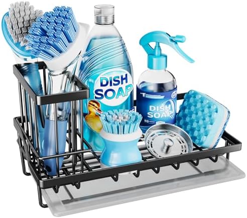 Consumest Sink Caddy, Kitchen Sponge Holder with Dish Brush Holder, Kitchen Sink Organizer with Drip Tray for Countertop Stainless Steel Rustproof, Black-Large by Consumest