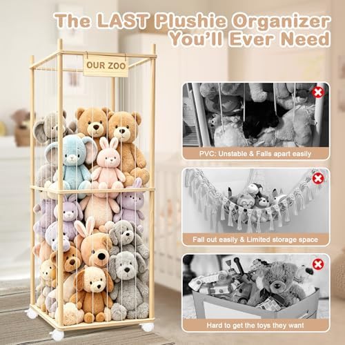 Stuffed Animal Storage, Wood Stuffed Animal Zoo Storage with Brake Wheels, Space Save Toy Organizer, Large Capacity Stuffed Animal Holder, Perfect for Nursery Playroom Kidroom Bedroom-63 Inch - Image 4