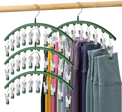 Legging Organizer for Closet, Metal Yoga Pants Hangers 4 Pack w/10 Clips Holds 40 Leggings, Space Saving Hanging Closet Organizer w/Rubber Coated Closet Organizers and Storage, Green by Volnamal