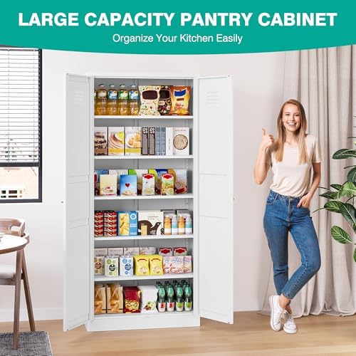SISESOL 71" Tall Pantry Cabinet with 2 Doors and 5 Shelves,Kitchen Pantry Storage Cabinets,White Metal Storage Cabinet,Wide Deep Food Cupboard for Home,Kitchen,Dining/Living Room - Image 4