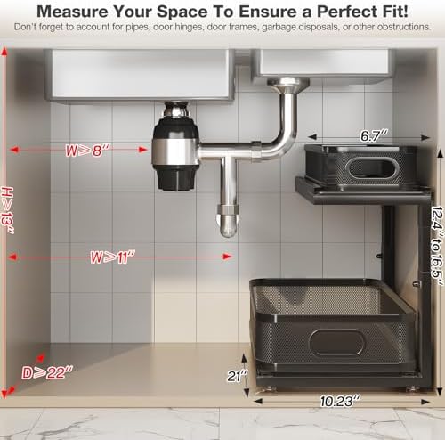 2 Pack 21IN-Depth Under Sink Organizer With Next-Gen Ball-Bearing Slides,2-Tier Precision Mesh Pull Out Cabinet Storage for Bathroom&Kitchen,Height Adjustable Drawers Shelf,Anti-rust-Black - Image 2