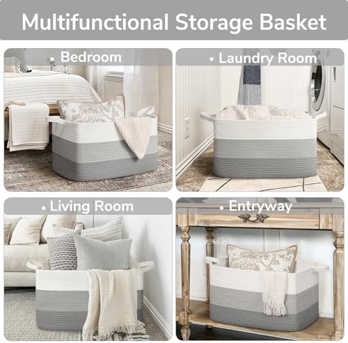 Goodpick Large Woven Rope Blanket Basket, Rectangle, Light Gray - Image 4
