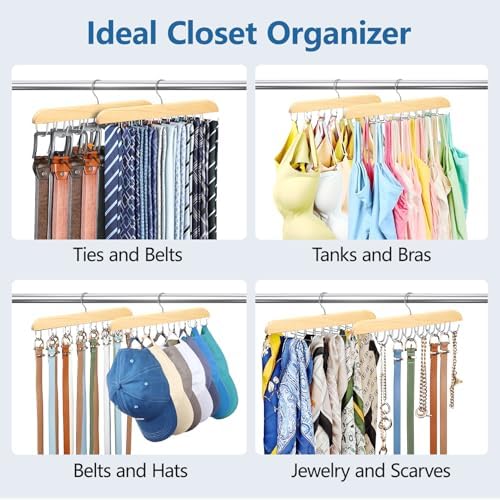 Tie Rack & Belt Hanger 2 in 1 Tie Hanger Space Saving Max 42 Belts& 60 Ties Capacity for Closet Organizers and Storage, Sturdy Wood Belt & Tie Collection Organizer(Wood, 2Pack) - Image 5