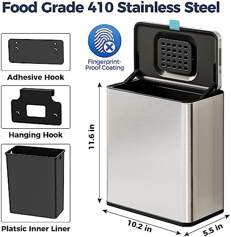 Stainless Steel Hanging Trash Can with Lid and Inner Bucket, 2 Gallon Kitchen Compost Bin for Counter Top, Under Sink or Wall Mount, Small Garbage Can for Cupboard/Bathroom/Bedroom/RV - Image 6