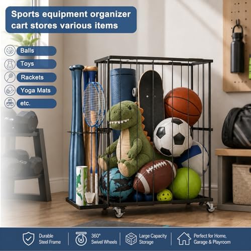 Ball Storage Rack with Side Bat Holder, Wheels, Garage Organizer - Image 6