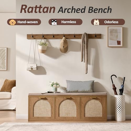 Rattan Narrow Entryway Bench with Shoe Storage, 3 Flip Drawers & Coat Rack, Mid-Century Modern Wood Shoe Cabinet with Seat Cushion for Foyer/Hallway (Rustic Oak Rattan) - Image 3