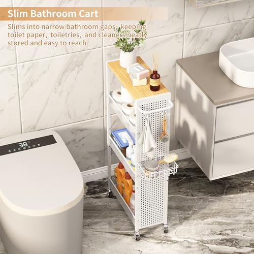 Slim Storage Rolling Cart: 4-Tier Narrow Metal & Wood Utility Cart with Wheels for Kitchen/Laundry/Bathroom(White) - Image 5