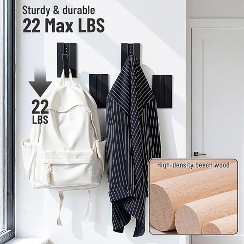 Wood Wall Hooks for Entryway: 4Pack Folding Black Modern Coat Hooks - Image 4