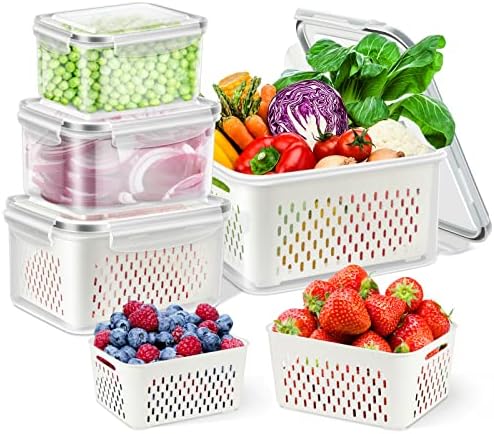 TBMax Fruit Storage Containers for Fridge Organizers and Storage, 4 Pack Large Produce Saver with Airtight Lid & Colander for Berry Lettuce Salad Vegetable Storage, Refrigerator Organizers by TBMax