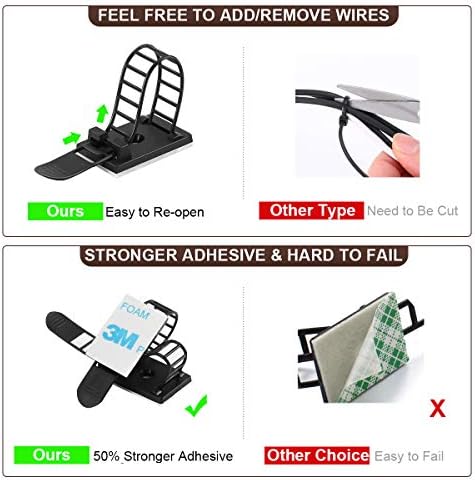 100Pcs Adhesive Cable Management Clips with 50Pcs Zip Ties, Adjustable Nylon Cable Strap Ties Wire Clips Clamps Organizer, Extra Screw & Hole - 3.35 Inch Black - Image 4