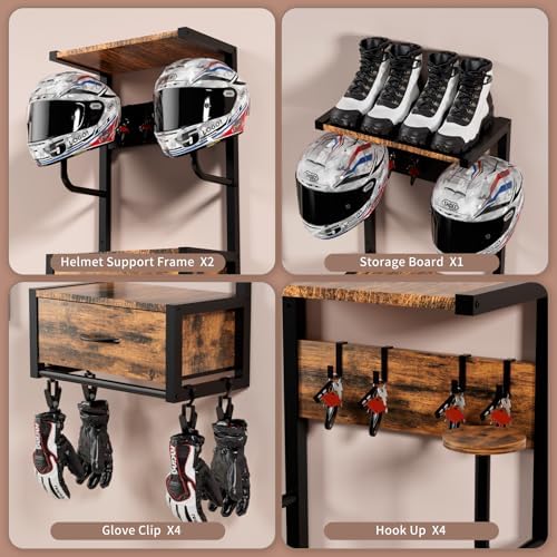 Motorcycle Helmet Holder Wall Mounted, Helmet Holder Wall Mount with Helmets Rack and Hooks for for 6 Helmets, Riding Suits & Accessories, Sturdy Construction Storage Organizer for Entryway or Garage - Image 3
