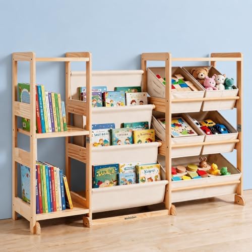 Kids Bookshelf & Toy Storage Organizer with 5 White Bins by Unknown