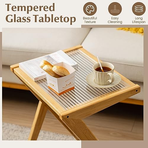 GIANTEX Rattan Side Table, Boho Nightstand with Glass Top & Magazine Rack, End Table with Storage, Bamboo Bedside Table for Small Space Living Room Bedroom (Natural,1) - Image 6