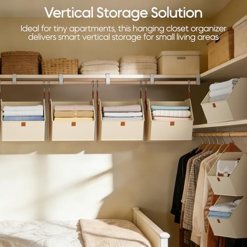 Homsorout Collapsible Hanging Closet Organizer - 6 Tier Closet Shelves Storage System with Hooks, Fabric Hanging Storage Bins for Clothes, Foldable Storage Basket for Laundry, Bedroom, Rv, Beige - Image 2