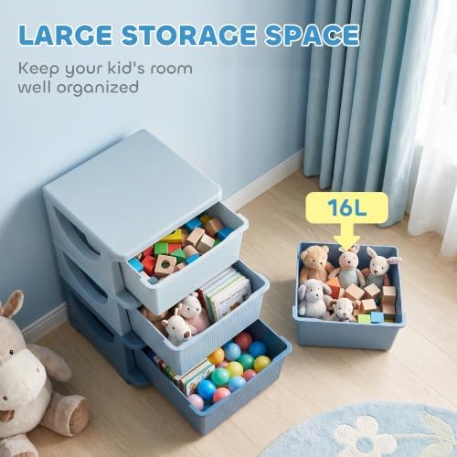 Qaba 3 Drawers Kids Storage Unit 3 Tier Toy Organizers Blue - Image 4
