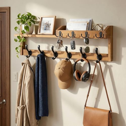 27.5" Wall Mount Coat Rack with Shelf, Key Holder & Mail Organizer, Brown - Image 3