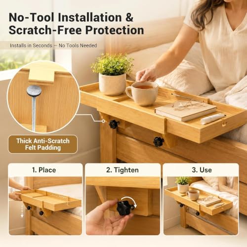 MinBoo Expandable Bamboo Bedside Shelf – Sliding Clip-On Nightstand for Bunk Beds (Fits up to 2.36" Rails), Space-Saving Floating Bed Tray with Cable Slots and Hanging Hooks (Natural Wood) - Image 4