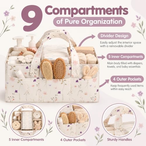 PeraBella Baby Diaper Caddy Organizer, Floral Baby Basket Shower Gift, Nursery Organizer Basket Newborn Boy& Girl Essential Items, Changing Table Organizer Caddy for Baby Stuff, Car Caddy-Cream Floral - Image 2