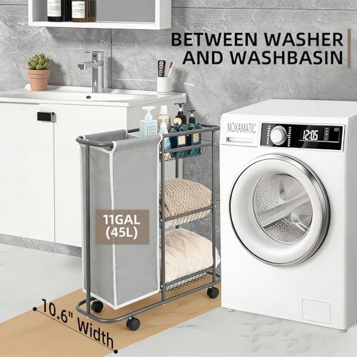 Skinny 3-Tier Rolling Laundry Cart with Wheels 45L Small Space, Grey - Image 4