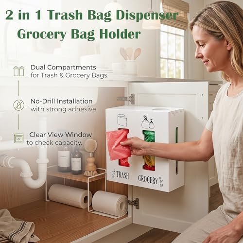 2 in 1 Trash Bag Dispenser and Grocery Bag Holder, Large Wooden Trash Bag Holder,Trash Bag Dispenser for Grocery Bags and Plastic Bags,Kitchen Cabinet Under Sink Organizers and Storage - Image 4