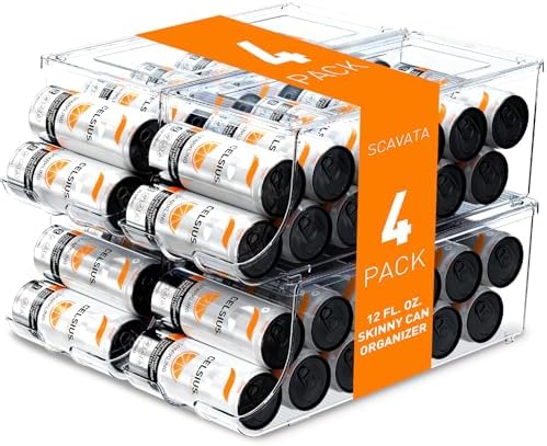 SCAVATA 4 Pack Skinny Can Organizer for Refrigerator, Stackable Tall Skinny Soda Pop Can Holder Dispenser with Lid for Fridge Pantry Rack Freezer, Clear Plastic Storage Bins-Holds 12 Slim Cans Each by Tidyyourlife